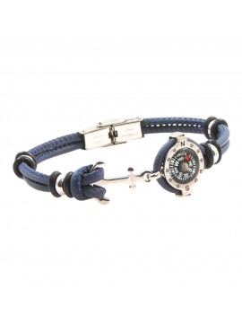 Bracciale con bussola e ancora uomo acciaio e pelle blu bcc2669