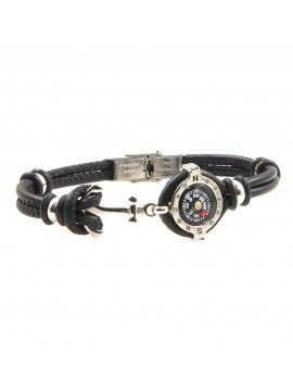 Bracciale con bussola e ancora uomo acciaio e pelle nera bcc2671