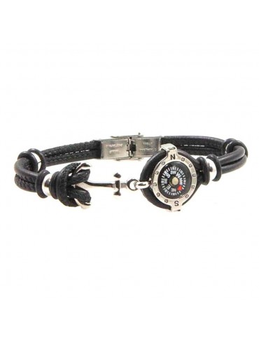 Bracciale con bussola e ancora uomo acciaio e pelle nera bcc2671