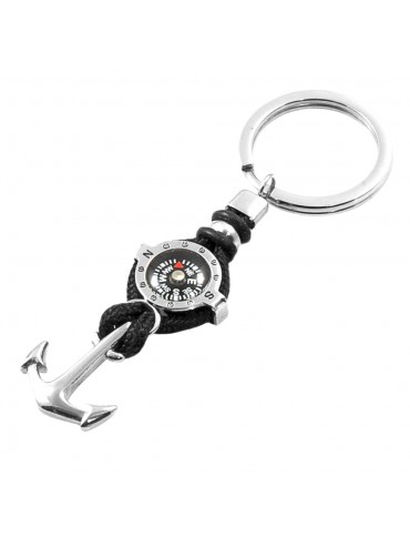 Portachiavi Uomo con Bussola e Ancora Marinara in Acciaio e Cordoncino Nero prt0008