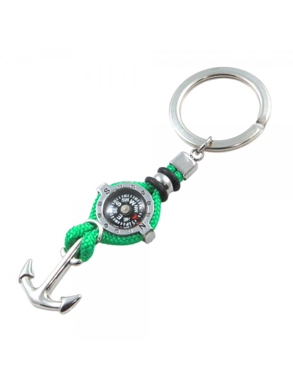portachiavi uomo con bussola e ancora in acciaio e cordoncino verde prt0237
