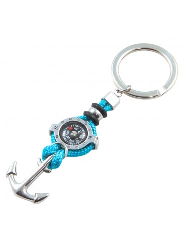 portachiavi uomo con bussola e ancora in acciaio e cordoncino turchese prt0239