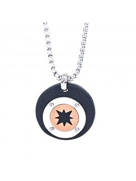 Collana uomo rosa dei venti ciondolo rotondo in acciaio e pelle