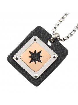 Collana uomo rosa dei venti ciondolo quadrato in acciaio e pelle