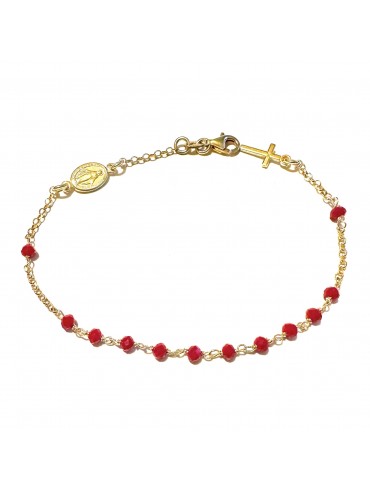 bracciale rosario dorato in argento con postine rosse