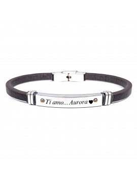 bracciale uomo piastra per incisione in acciaio e pelle marrone bcc2636