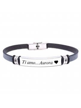 bracciale uomo piastra per incisione in acciaio pelle blu bcc2642