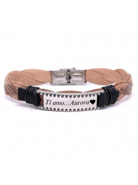 bracciale uomo piastra per incisione in acciaio e pelle naturale bcc2653