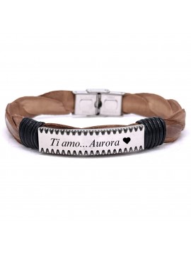 bracciale uomo piastra per incisione in acciaio e pelle marrone bcc2654