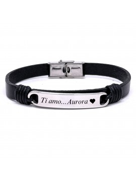 bracciale uomo piastra per incisione in acciaio e pelle nera bcc2655