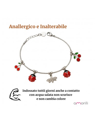 Bracciale Bimba Ragazza Ape Coccinella e Ciliegie in Acciaio Inox anallergico inalterabile bcc2730