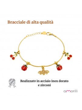 bracciale bimba ragazza ape coccinella e ciligie in acciaio inox materiale bcc0748