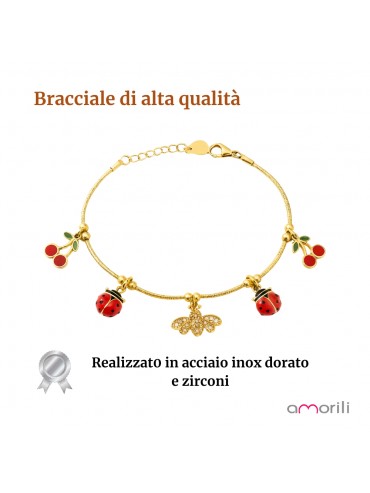 bracciale bimba ragazza ape coccinella e ciligie in acciaio inox materiale bcc0748
