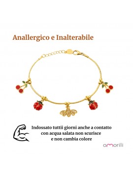 bracciale bimba ragazza ape coccinella e ciligie in acciaio inox anallergico inalterabile bcc0748