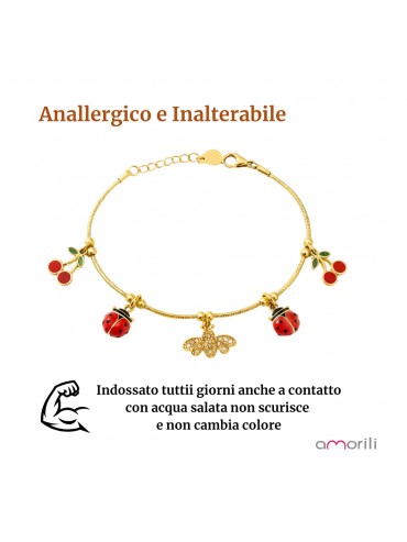 bracciale bimba ragazza ape coccinella e ciligie in acciaio inox anallergico inalterabile bcc0748