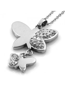 Collana con pendente farfalla in acciaio e strass