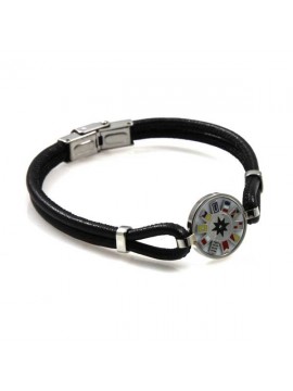 bracciale con simbolo marinaro in pelle e acciaio tema rosa dei venti
