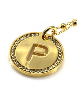 collana con lettera iniziale p in bronzo dorato e strass a cerchio