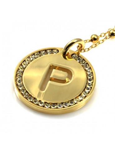 collana con lettera iniziale p in bronzo dorato e strass a cerchio