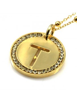 collana con lettera iniziale t in bronzo dorato e strass a cerchio
