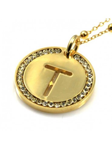 collana con lettera iniziale t in bronzo dorato e strass a cerchio