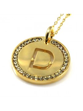 collana con lettera iniziale d in bronzo dorato e strass a cerchio