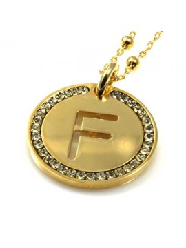 collana con lettera iniziale f in bronzo dorato e strass a cerchio