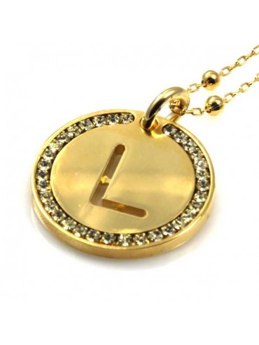 collana con lettera iniziale l in bronzo dorato e strass a cerchio