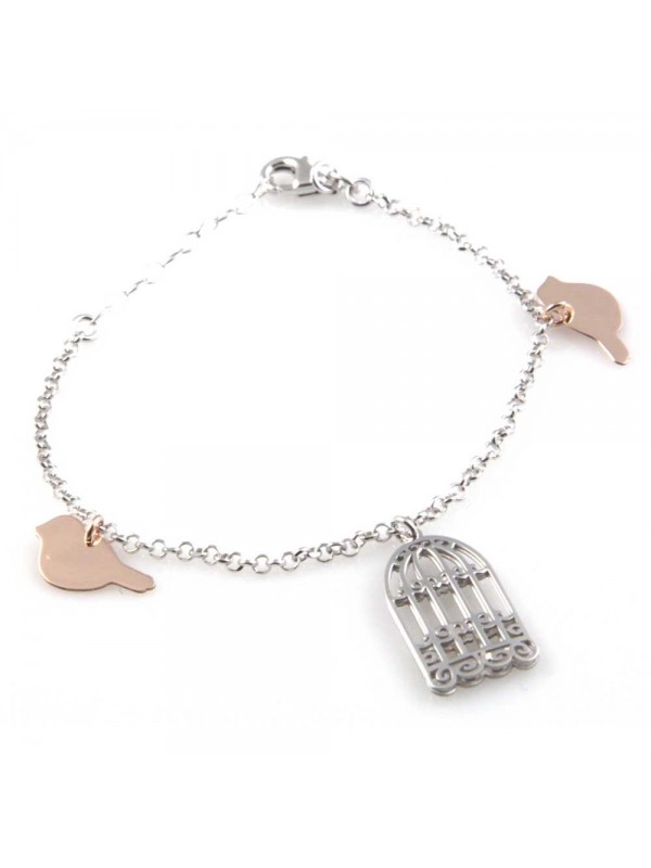 bracciale donna in argento 925 con ciondoli gabbia e uccellini