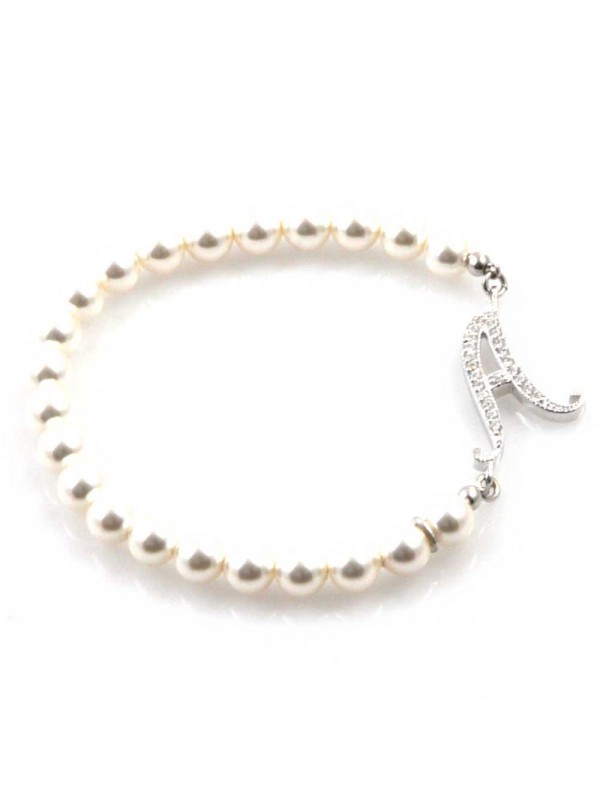 bracciale donna di perle con iniziale lettera a con strass elastico