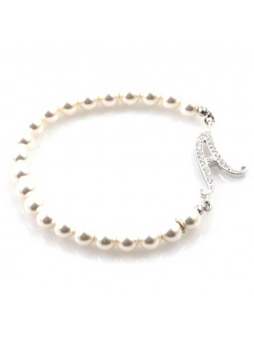 bracciale donna di perle con iniziale lettera a con strass elastico