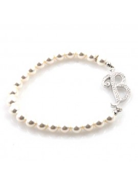 bracciale donna di perle con iniziale lettera b con strass elastico