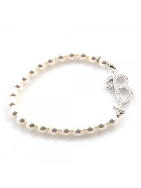 bracciale donna di perle con iniziale lettera b con strass elastico