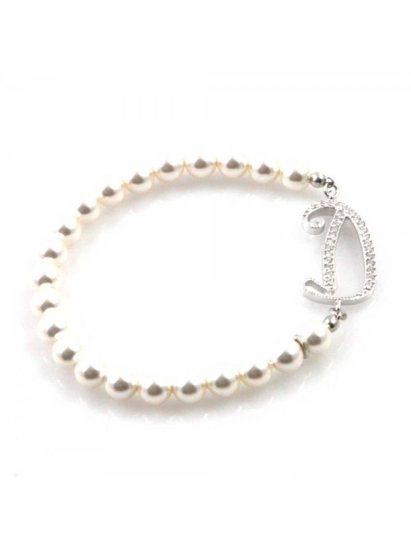 bracciale donna di perle con iniziale lettera d con strass elastico