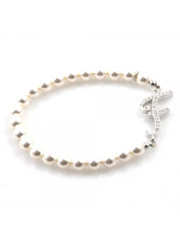 bracciale donna di perle con iniziale lettera f con strass elastico
