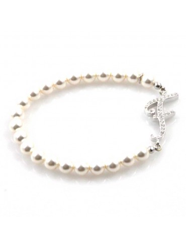 bracciale donna di perle con iniziale lettera f con strass elastico