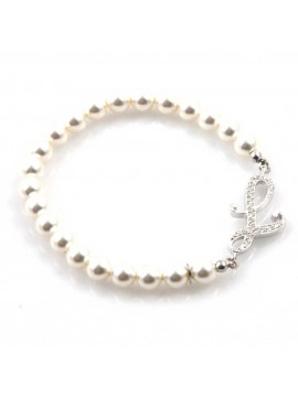 bracciale donna di perle con iniziale lettera l con strass elastico