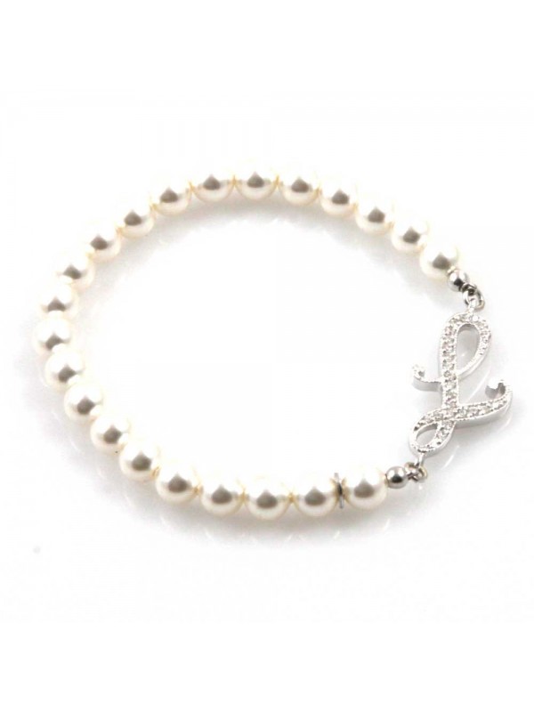 bracciale donna di perle con iniziale lettera l con strass elastico