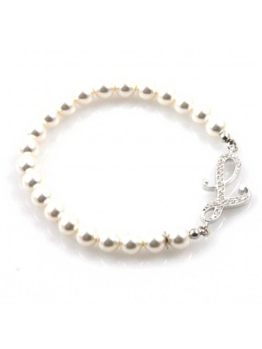 bracciale donna di perle con iniziale lettera l con strass elastico