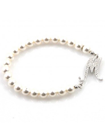 bracciale donna di perle con iniziale lettera m con strass elastico