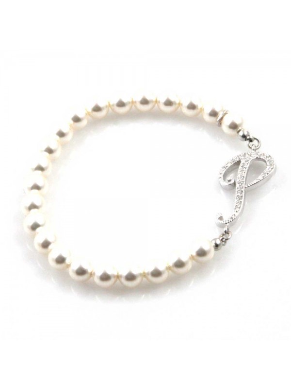 bracciale donna di perle con iniziale lettera p con strass elastico