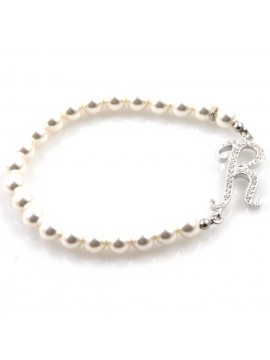 bracciale donna di perle con iniziale lettera r con strass elastico