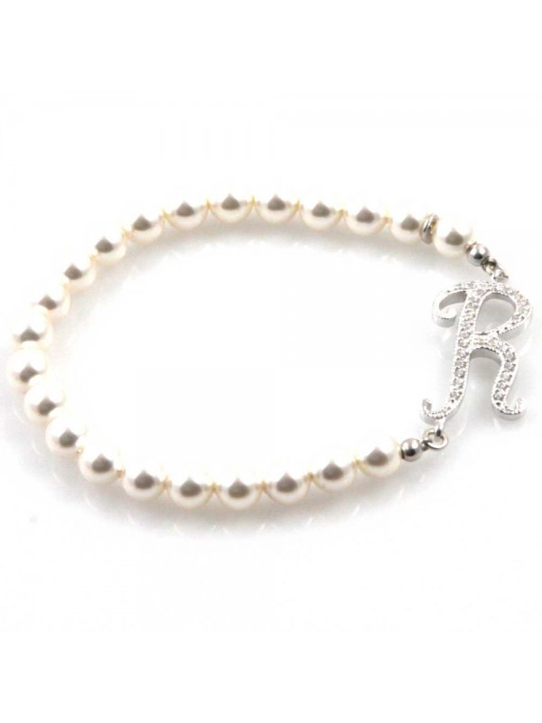 bracciale donna di perle con iniziale lettera r con strass elastico
