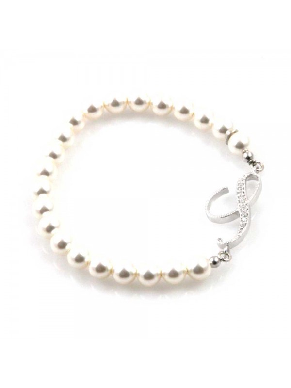 bracciale donna di perle con iniziale lettera s con strass elastico