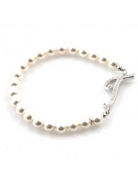 bracciale donna di perle con iniziale lettera t con strass elastico