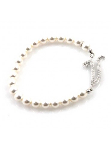 bracciale donna di perle con iniziale lettera v con strass elastico