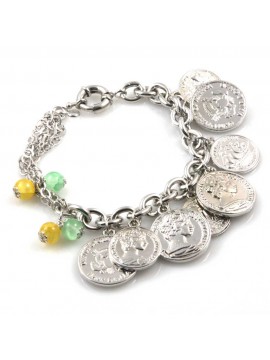 bracciale donna in bronzo gioiello con ciondoli monete e pietre dure misura cm 19