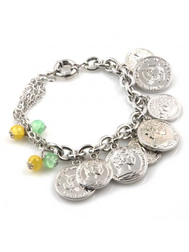 bracciale donna in bronzo gioiello con ciondoli monete e pietre dure misura cm 19