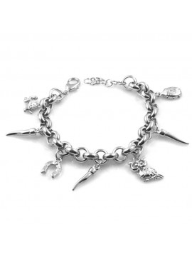 bracciale donna in bronzo gioiello con ciondoli corni gufo ferro di cavallo coccinella misura cm 19