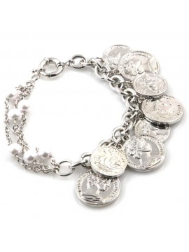 bracciale donna in bronzo gioiello con ciondoli monete e perle cm 19